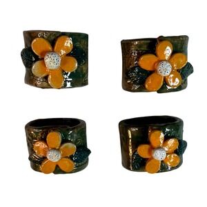Vintage Handmade Napkin Rings Cottagecore Ceramic Floral Tablescape Set of 4